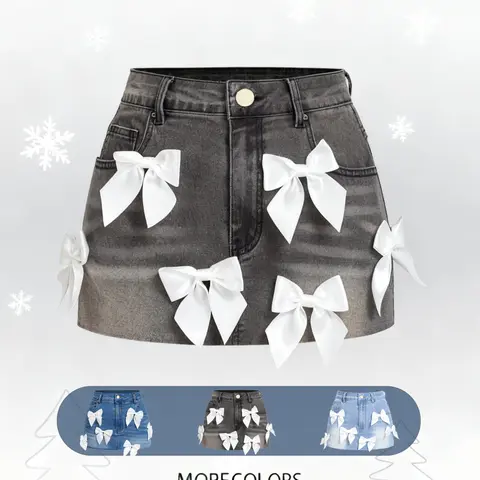 Women's Elastic Denim Short Skirt with Bow, Butterfly, Slant Pockets, High Stretch Fitted Fabric, Womenswear Casual Chic Elegant Fashion for Parties Holidays Daily Wear, Cute Bottom, Mini Skirt