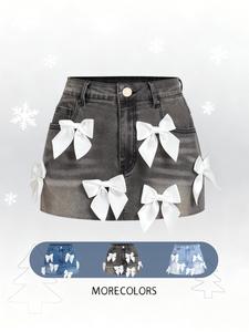 women's bow decor denim skirt, casual fashion skirt for daily wear, ladies bottoms for all seasons, womenswear, egirl skirts, fashionable skirt, trendy flirty skirt