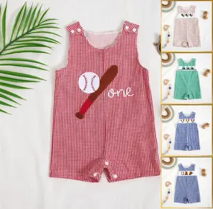 Ready Stock Cute Baby Boy/Girl 1st Birthday Romper Red Checkered Sleeveless Jumpsuit with 3D Baseball & "One" Embroidery,Perfect Summer Clothes DY410-G