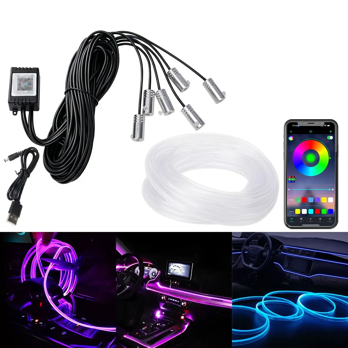 RGB LED Light Strip, Decorative Interior Lamp, Car Fiber Optic Light, Adjustable Ambient Light, Romantic Atmosphere, Gradient Color Control Via APP, USB Powered