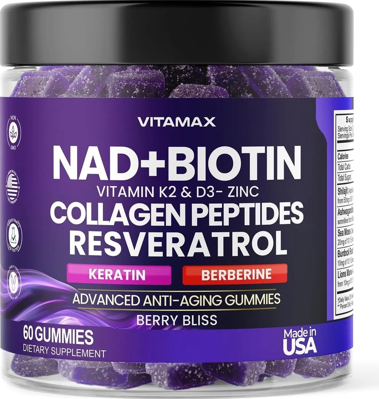 NAD+, Resveratrol, Berberine, & Biotin Anti-Aging Gummy - Hair, Skin, Nails & Joint Supplement - Collagen Peptides, Keratin, Zinc, Vitamin K2 & D3 Gummies -Regeneration- Non-GMO - Made in USA 60 Count