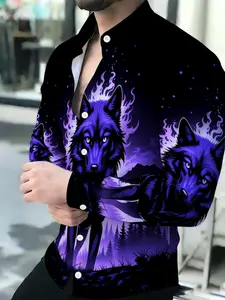 Men's Breathable Lapel Long Sleeve Shirt with Purple Wolf Flame Pattern