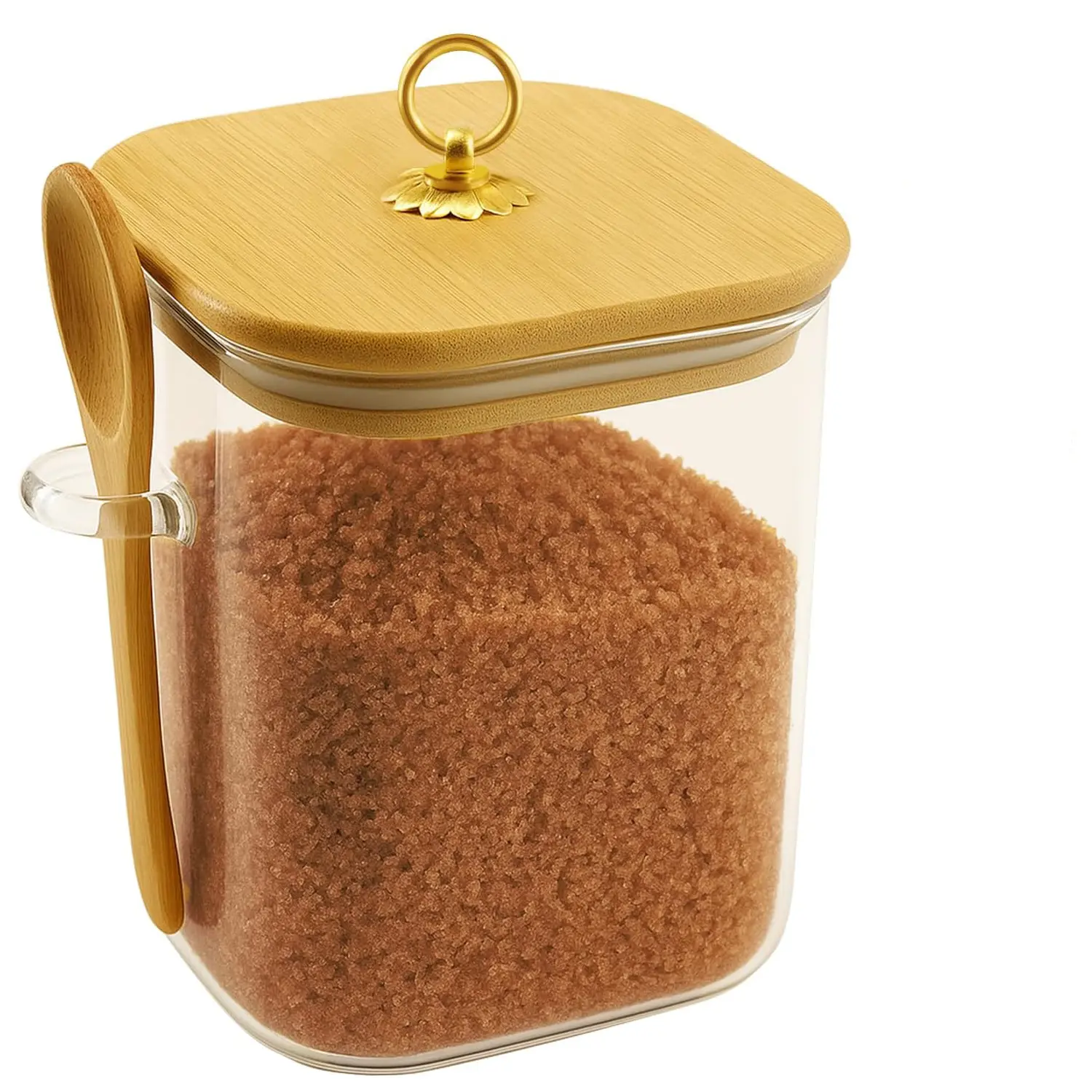 1Pcs Airtight Brown Sugar Keeper Container with Bamboo Lid, Glass Sugar Storage Jar for Coffee, Flour, Baking Supplies, and Kitchen Organization