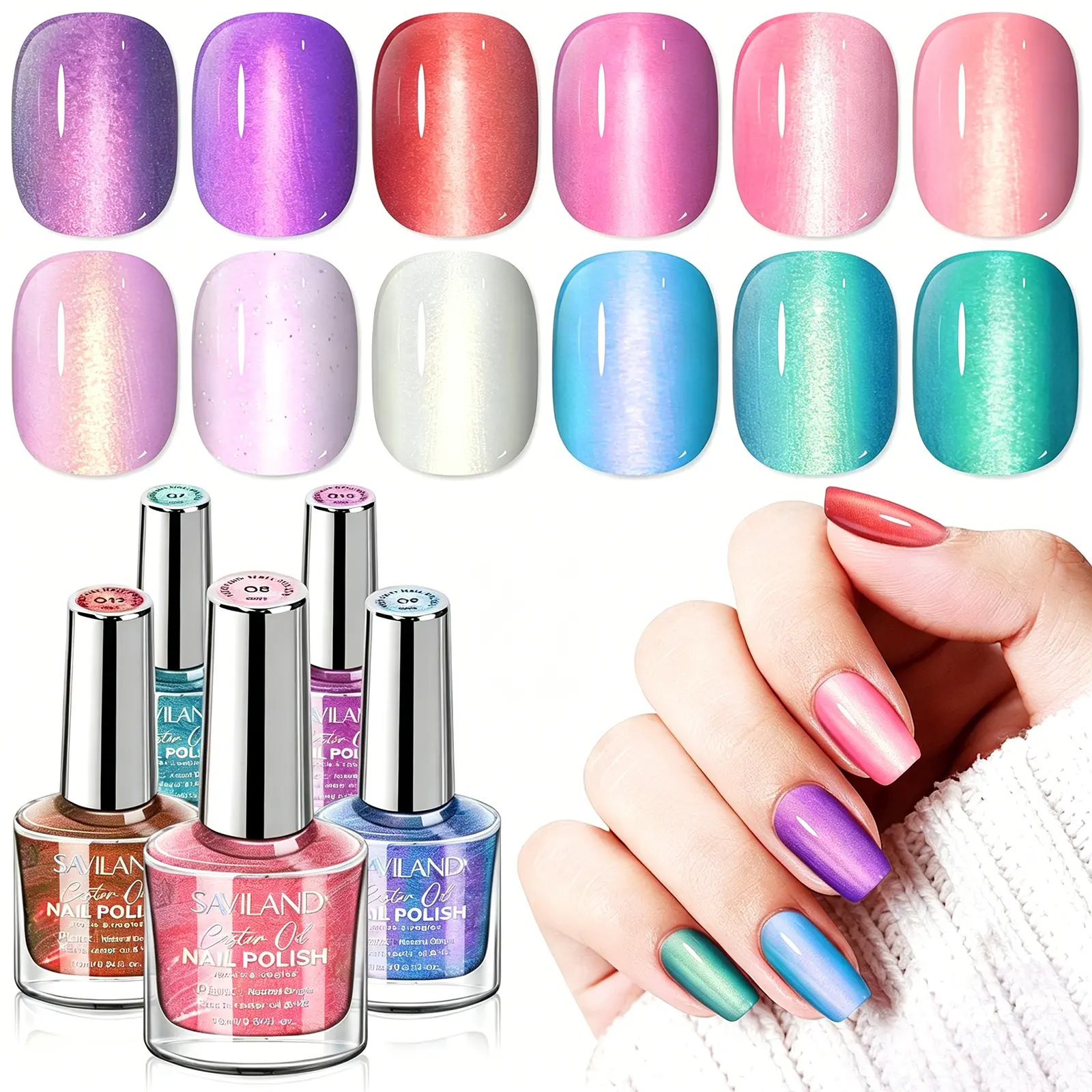 SAVILAND Aurora Nail Polish Set – 12 Shimmer & Holographic Shades (Glossy, Pearl, Duochrome) | Quick-Dry Non-Gel Formula with Base & Top Coat | Perfect for Salon & DIY Manicures, Pedicures, and Nail Art