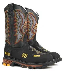 Mens Black Shoulder Steel Toe work boots Botas de trabajo Square Toe Western Safety Toe Guard Protection Removable Insert