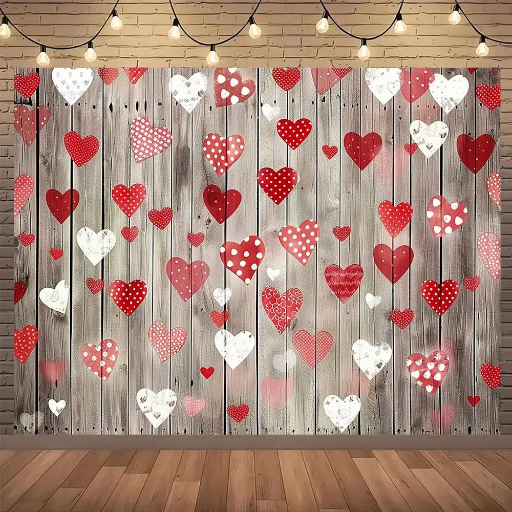 1pc Rustic Wood Valentine's Day Photography Backdrop | 99.06cm x 149.86cm or 179.83cm x 229.87cm | Festive Red & White Heart Design on Polyester | Ideal for Romantic Photo Shoots & Party D