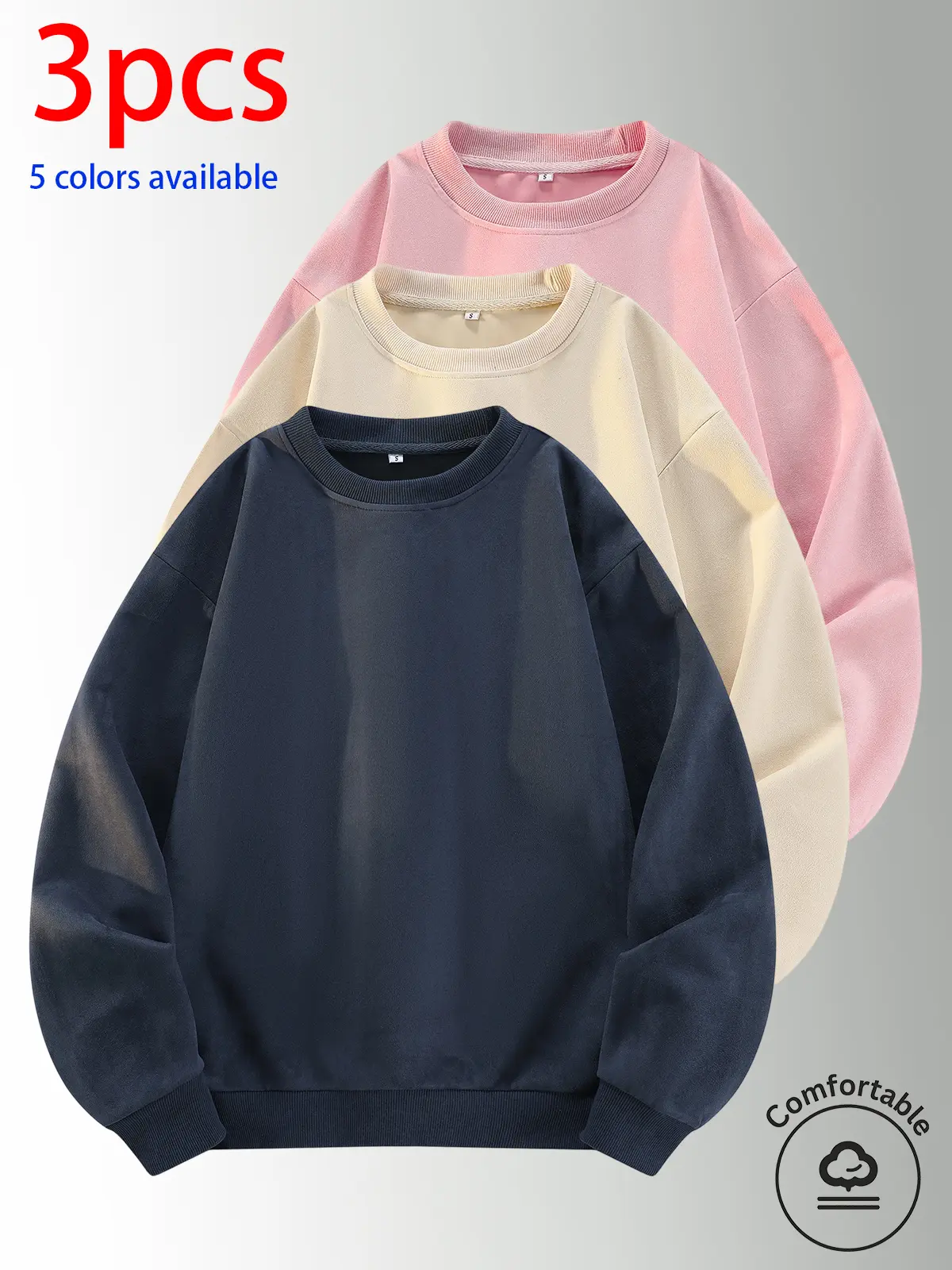 3-pack: men’s crewneck sweatshirt, men’s pullover sweatshirt.Loose, comfortable fit, no print design—simple and versatile for home, everyday casual wear, campus, and commuting to work.