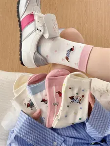 5 Pairs Women's Crew Socks, Cute Cartoon Dog Pattern, Geometric Design, Fitted Style, All-Season Wear, Daily Use