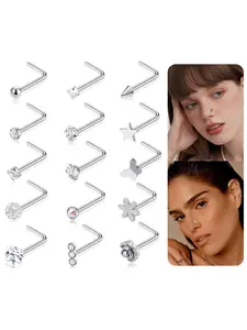 15Pcs G23 Titanium Nose Rings Stud L Shaped Star Heart CZ Flower Butterfly Ball Nose Stud Pure Titanium Nostril Piercing Jewelry for Women Men 20G Silver Tone