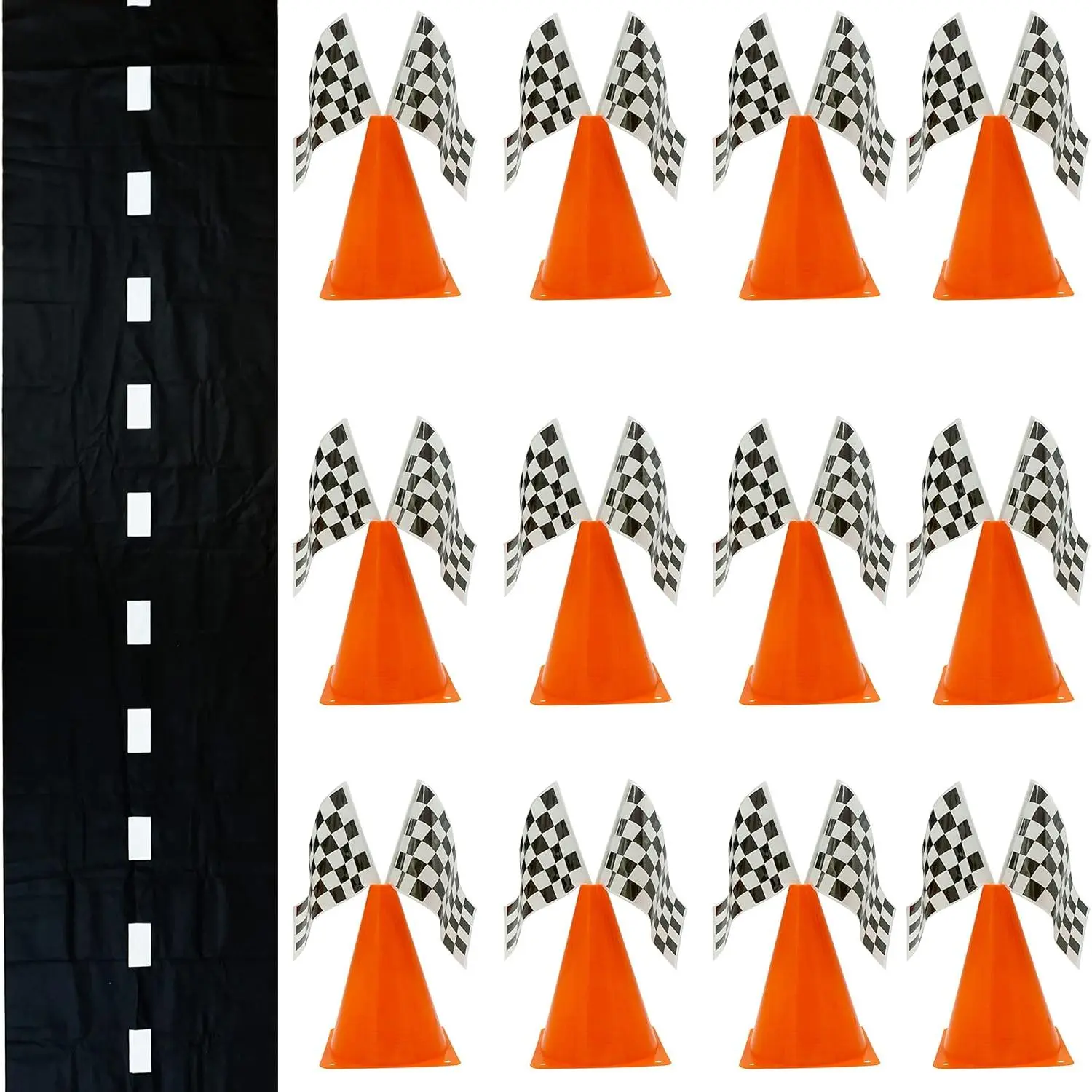 38-Piece Race-Themed Party Supplies Set - 12 Top-Hole Traffic Cones, 24 Checkered Flags, Race Track Mat - Happy Birthday Decor, Kids' Gift, Table Centrepieces for Festive Home Decor