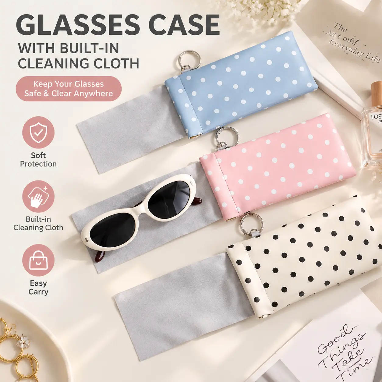 2-in-1 Glasses Case with Built-in Cleaning Cloth, Portable Sunglasses Holder with Clip Ring, Soft Protective Eyewear Pouch for Travel & Everyday Carry
