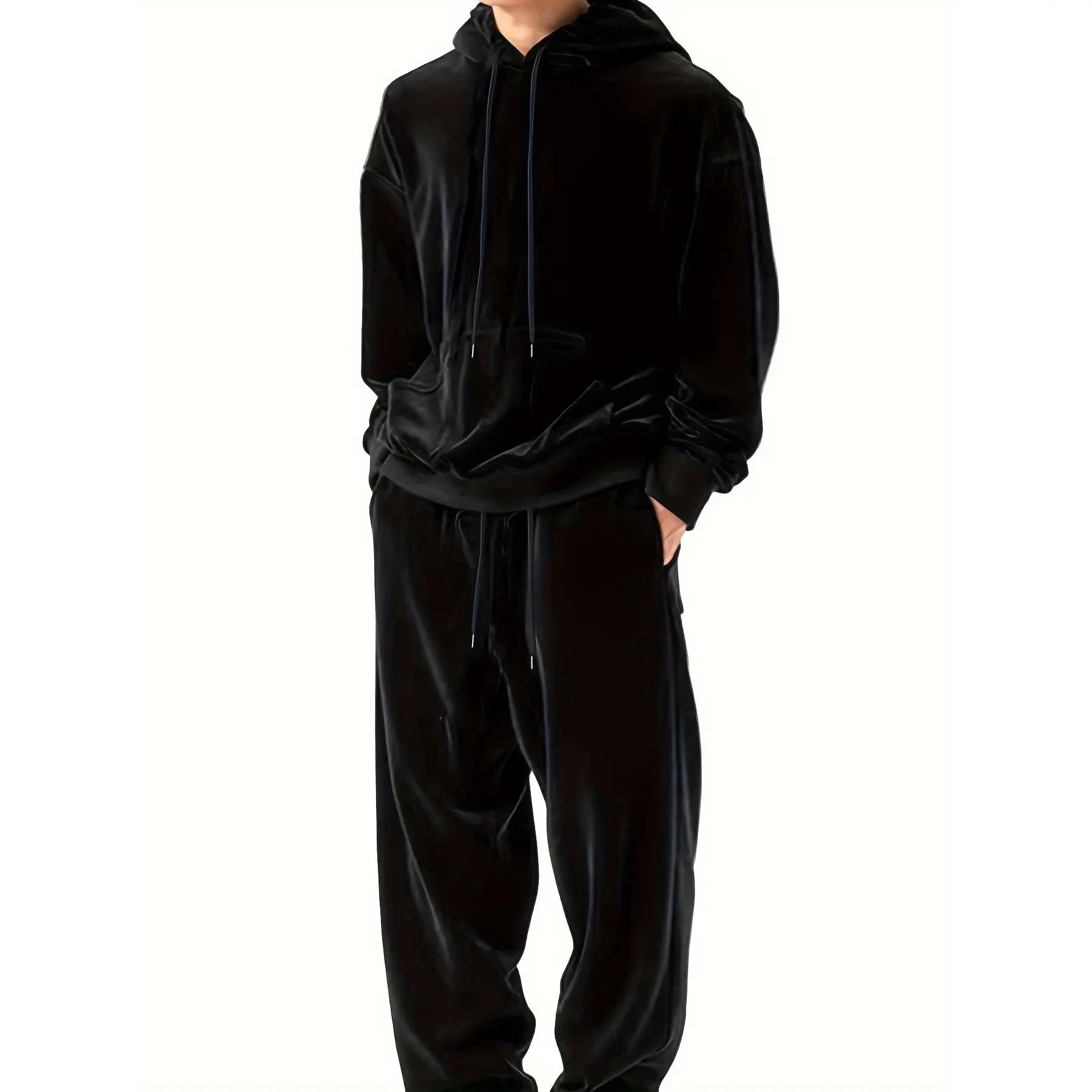 Men's 2pcs Velvet Hoodie & Jogger Set in Maroon - Casual, Stretchy, Solid Color Outfit with Pockets, Machine Washable for Fall/Winter Comfort