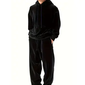 Men's 2pcs Velvet Hoodie & Jogger Set in Maroon - Casual, Stretchy, Solid Color Outfit with Pockets, Machine Washable for Fall/Winter Comfort