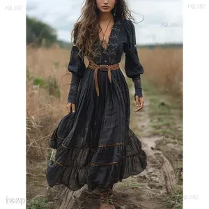 2025A new retro V-neck women's long-sleeved dress with a country style and casual