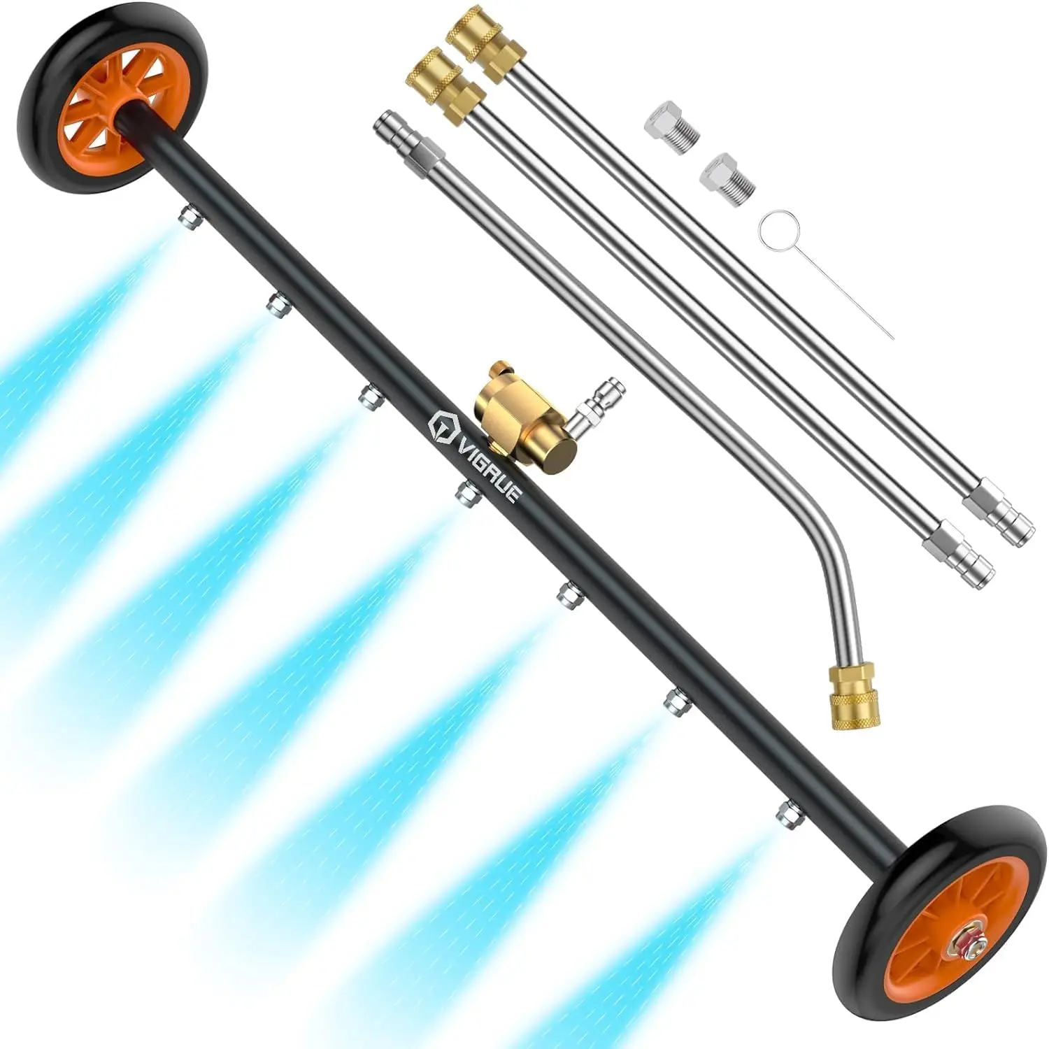 VIGRUE 2-in-1 undercarriage Pressure Washer Attachment,24 Inch Pressure Washer Water Broom with 7 Nozzles,Under Car Washer Cleaner with 3 Pieces Extension Wand,4000 PSI,Orange hose reel