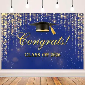 7x5ft Class of 2026 Graduation Backdrop Blue  Congrats Grad Photography Background Congrats Class of 2026 Graduate Party Banner Glitter Large School Graduation Prom Decoration Supplies