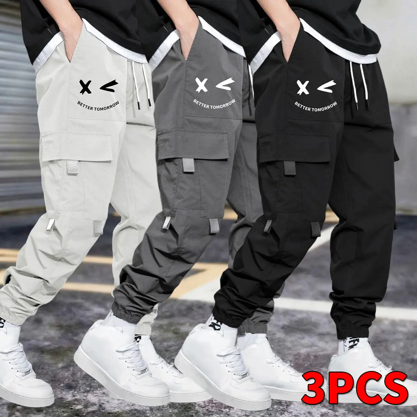 3-pack men’s fashion cargo pants featuring a drawstring elastic waistband, multiple zippered pockets, and large side pockets — breathable regular fit casual long pants, ideal for travel, hiking, everyday wear, and outdoor activities in spring and autumn.