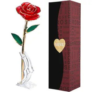 Gold Dipped Rose,24K Gold Rose with Transparent Stand,Real Long Stem Eternity Rose Flower Best for Her,Mom,Wife,Girlfriend,Anniversary,Day,Birthday,Valentine's,Wedding