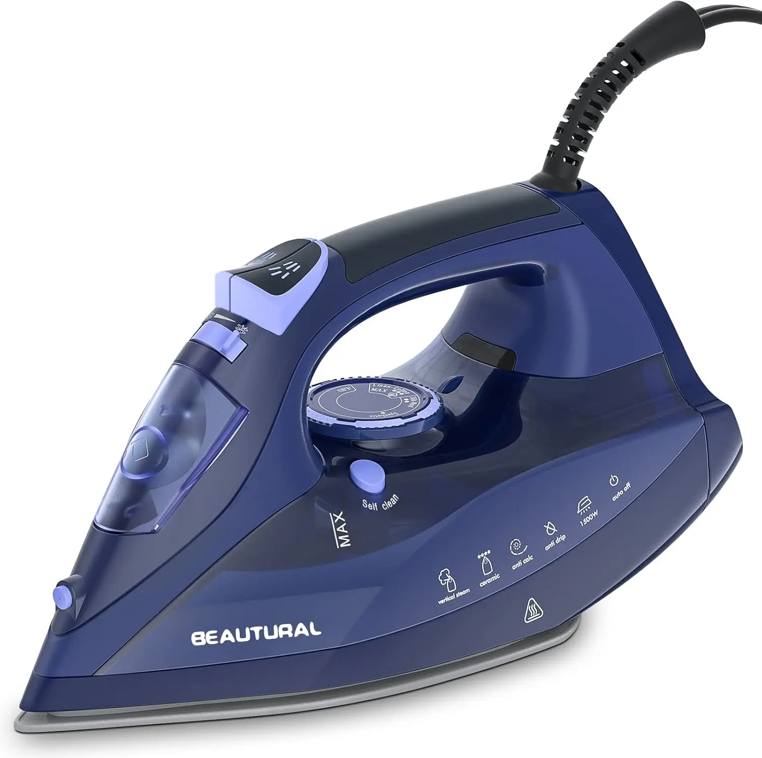 BEAUTURAL Steam Iron for Clothes with Ceramic-Coated Soleplate, 1500 Watts | Burst of Steam, 3-Way Auto-Off, Anti-Drip and Anti-Calcium, Self-Cleaning, Easy Temperature Control, Pefect for Home Use