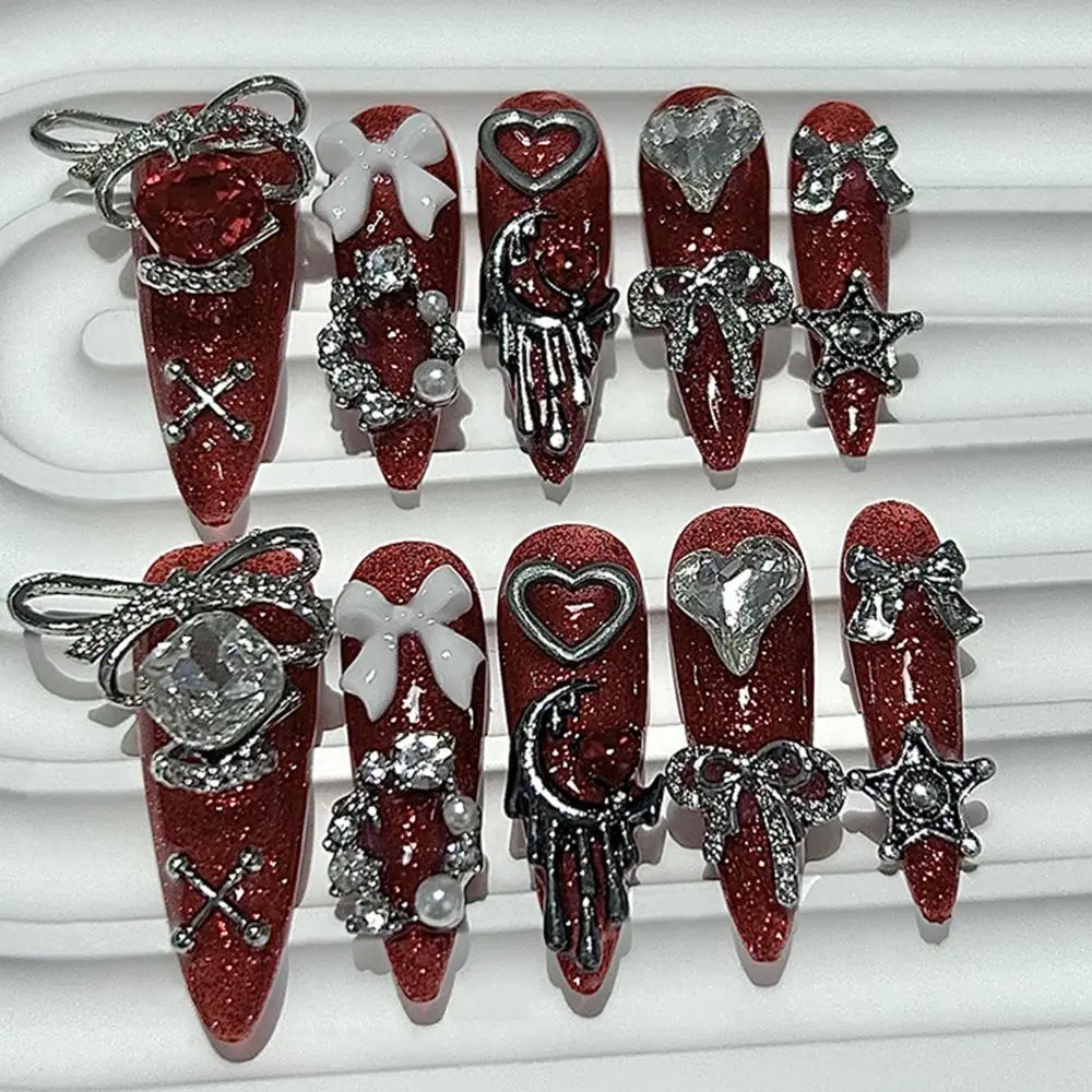 Halloween Dark Blood Red Luxury Handmade Press On Nails 3D Bow Star Love Diamond Glitter Long Tip Fake Nails Wearable Nail Art