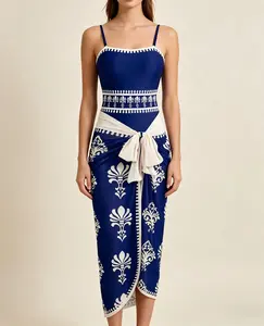 Plus Size Boho Navy Blue Floral One-Piece Swimsuit with Sarong Cover Up | 2-Piece Beach Outfit women's
