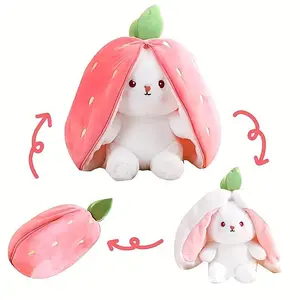 Reversible Strawberry Bunny Plush Toy, 2-in-1 Transformable Cute Rabbit Stuffed Doll, Kawaii Food Animal Plushie Gift for Kids
