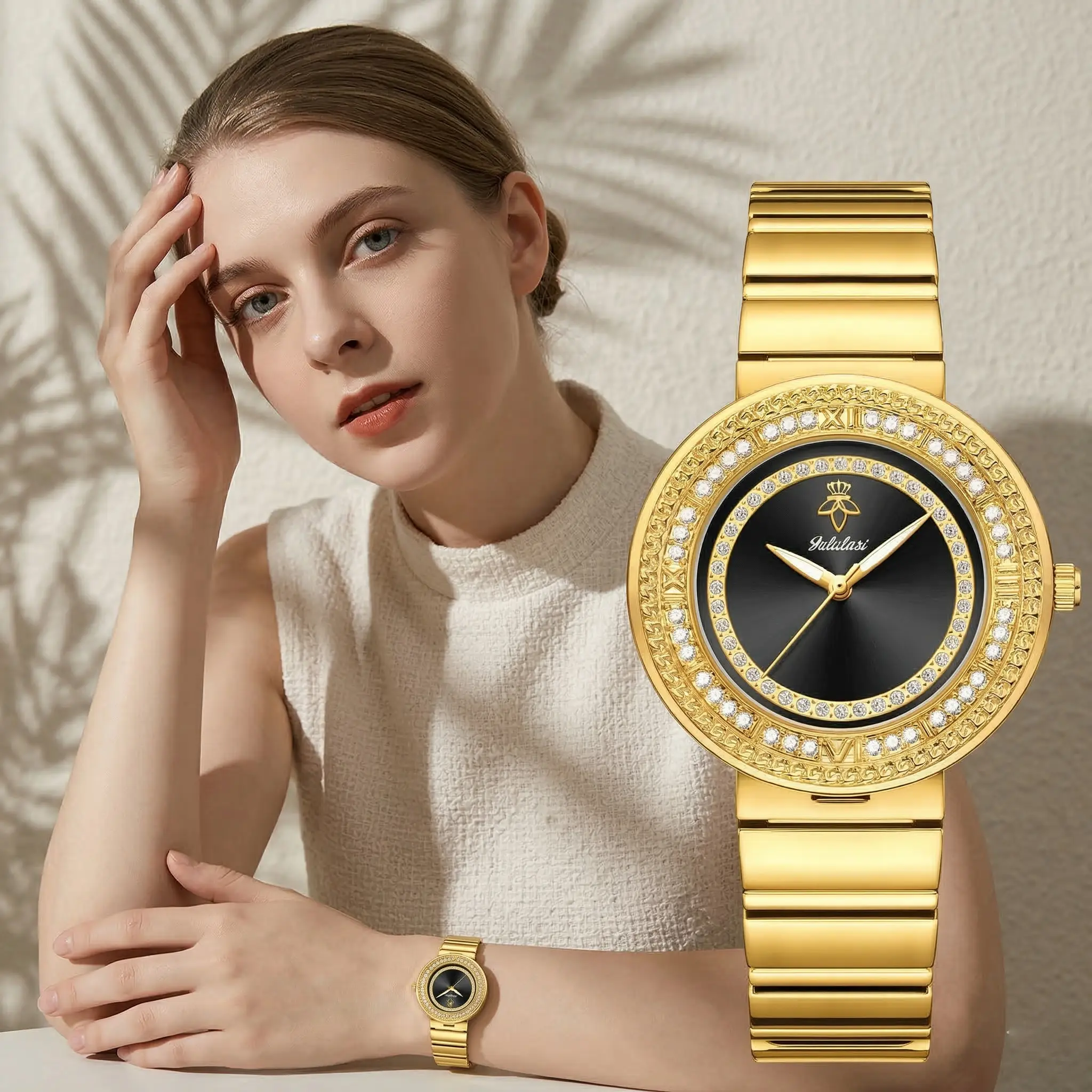 [Mother's Day Gift] Luxury Gold Watches for Women Bling Rhinestone Accented Bezel Classic Analog Quartz Timepiece with Stainless Steel Strap Waterproof Casual Dress Wristwatch for Ladies