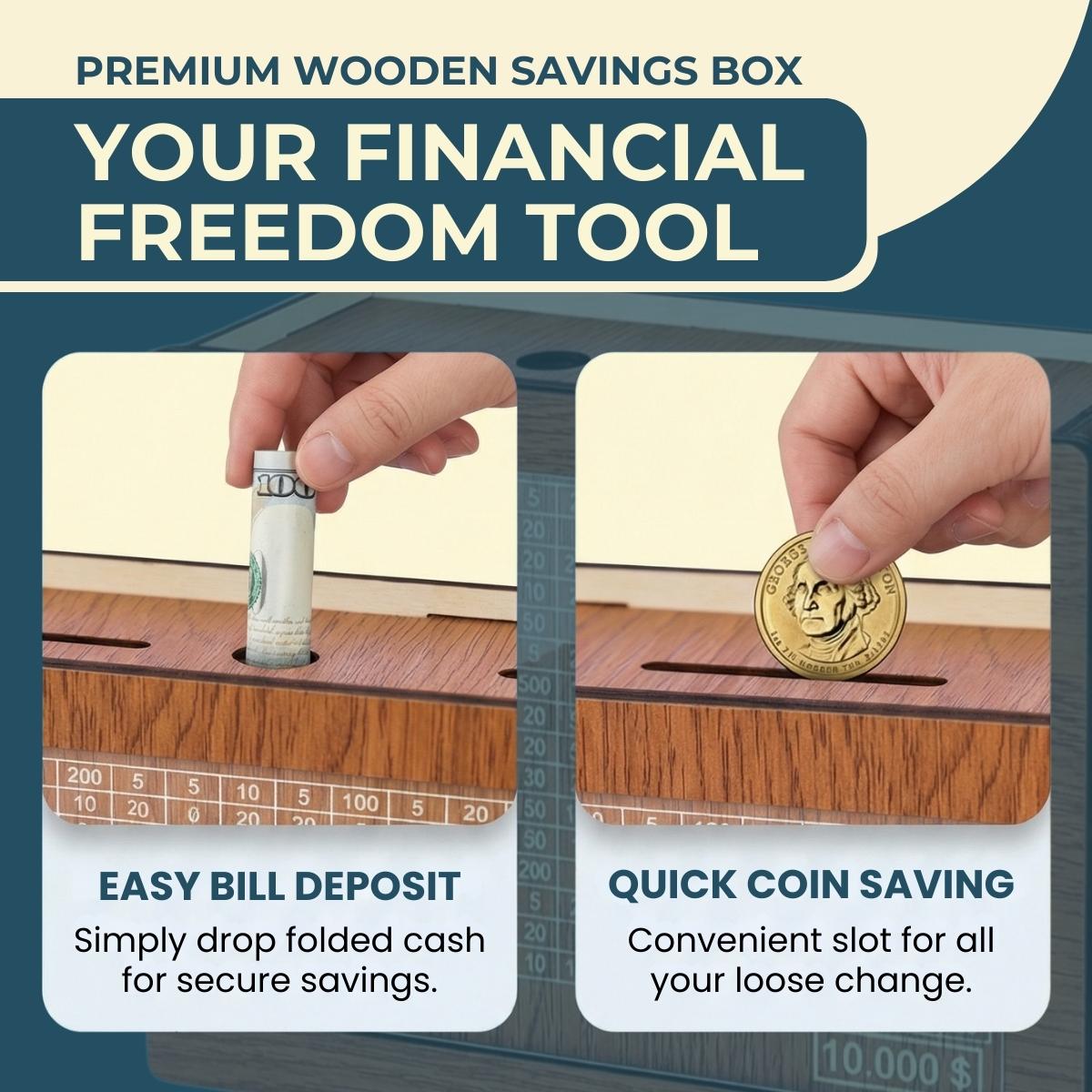 Wooden Cash Money Saving Box for Kids & Adults - Reusable $10,000 Savings Challenge Box with Progress Tracker & Cash Vault, Educational Piggy Bank Gift for Boys Girls