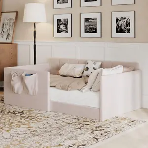 Twin Size Velvet Upholstered Daybed with High Side Panels, Walk-In Side Entrance & Built-In Storage Pockets, Space-Saving Sofa Guest Bed for Bedroom & Living Room