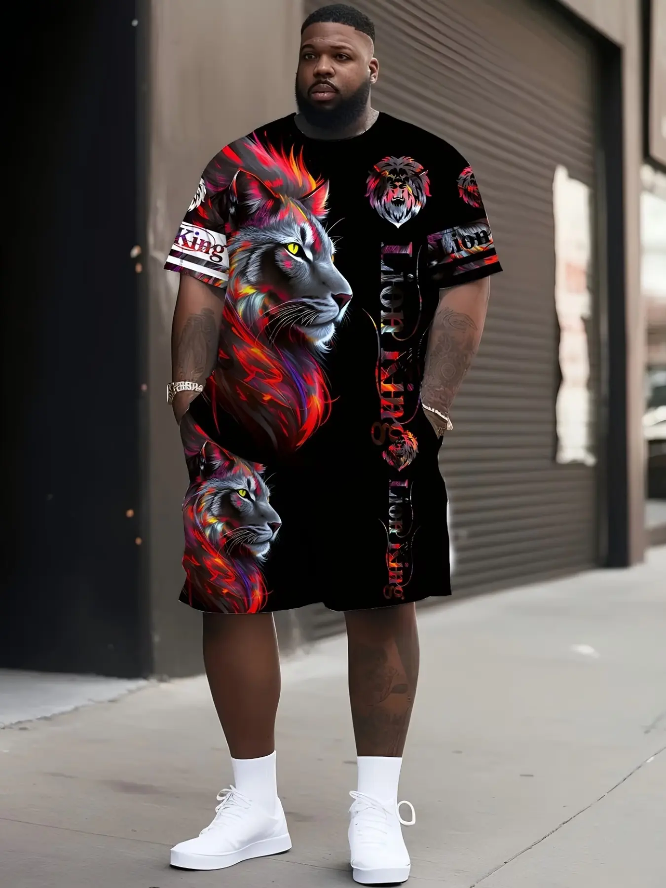 Large Size Men's Lion 3D Print Set, Menswear, Trendy Round Neck Short Sleeve Tee and Shorts, Multiple Patterns, Summer Casual Comfortable Outdoor Sportswear