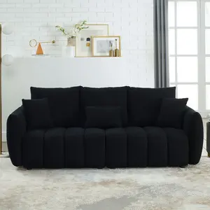 79.5" Black Boucle 3-Seater Sofa, Modern Cloud Couch with Channel Tufted Design, Comfy Upholstered Sofa with 3 Throw Pillows for Living Room