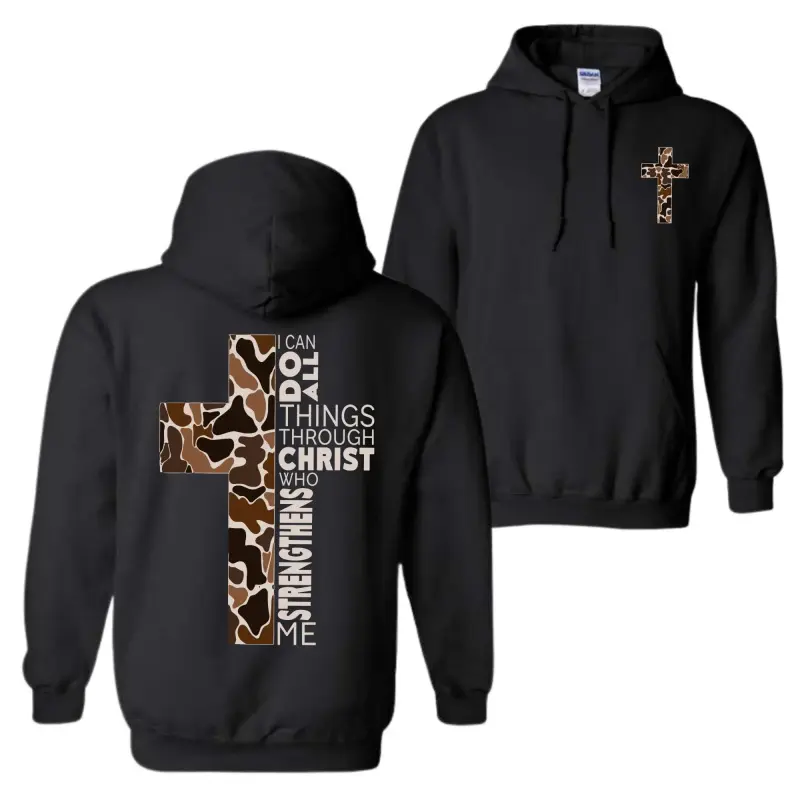 Women's Christian Camo Cross Pullover Sweatshirts, Philippians 4:13 Bible Verse Fabric Print Apparel, Stylish Faith-Based Casual Graphic Tops for Outdoorsmen
