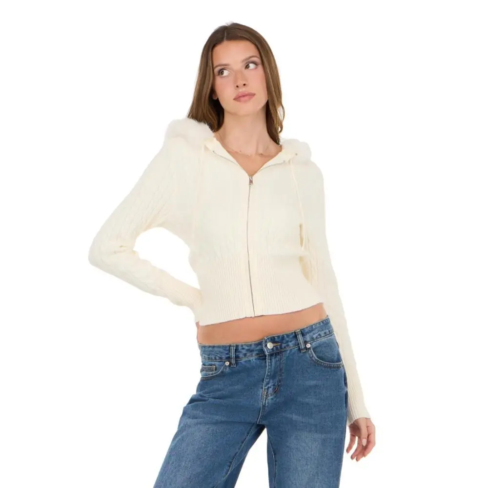 Forever 21 skinny cable knit zip up sweater with hood and drawstring. thick rib band at waist and sleeve cuffs., Hoodie, Long Sleeve, Casual