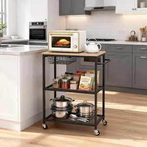 3-Tier Rolling Kitchen Cart –with 2 Lockable Wheels, Storage Basket – Metal Frame & Wooden Tabletop Microwave Table Rolling Cart Kitchen, Laundry, Coffee Bar, Office, Living Room