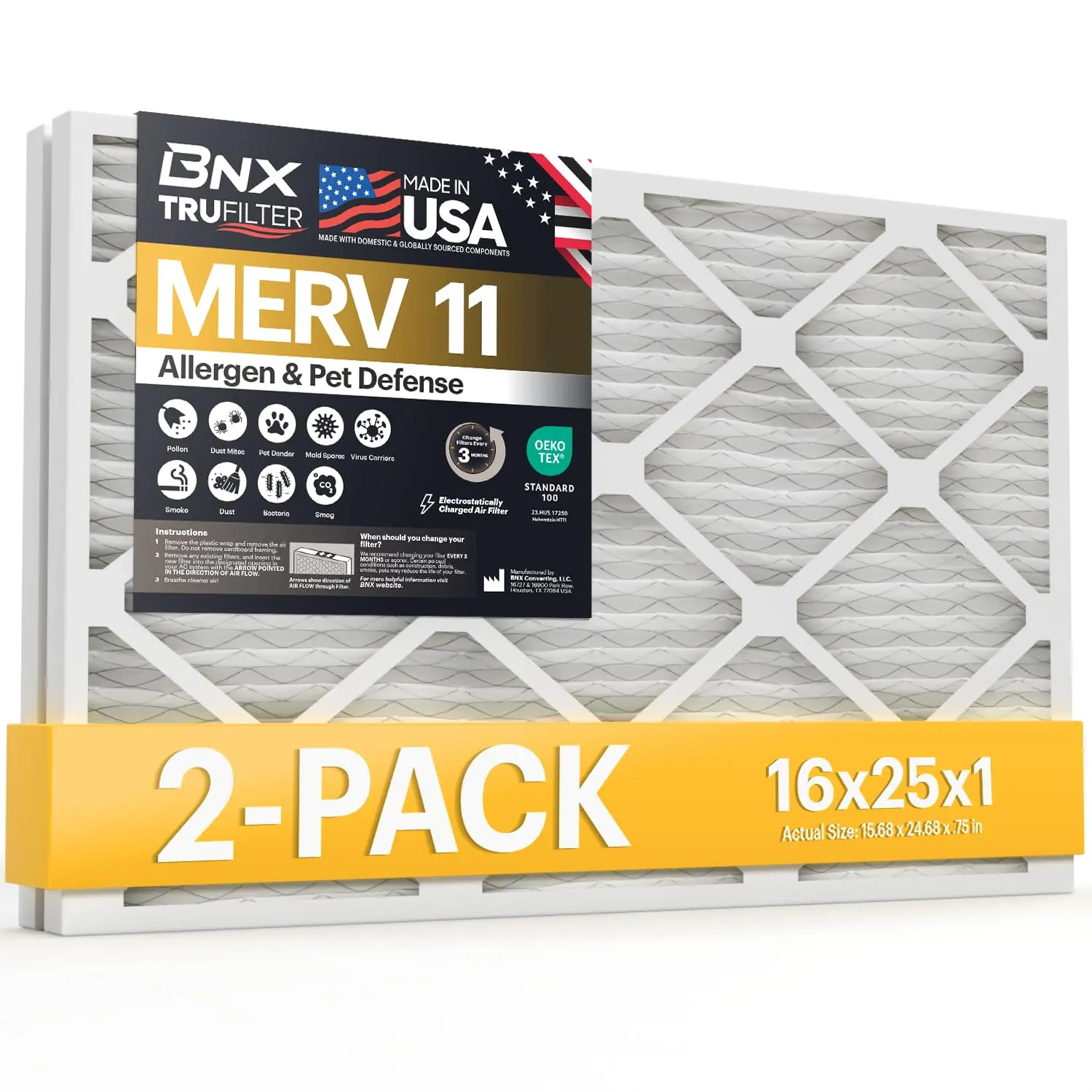 BNX TruFilter 16x25x1 Pleated Polypropylene Air Filter MERV 11 (2-Pack) - Made in USA, High-Efficiency Electrostatic HVAC AC Furnace Filter with Warranty for Dust, Pet Dander, Smoke Allergen Defense, High-Efficiency Filtration