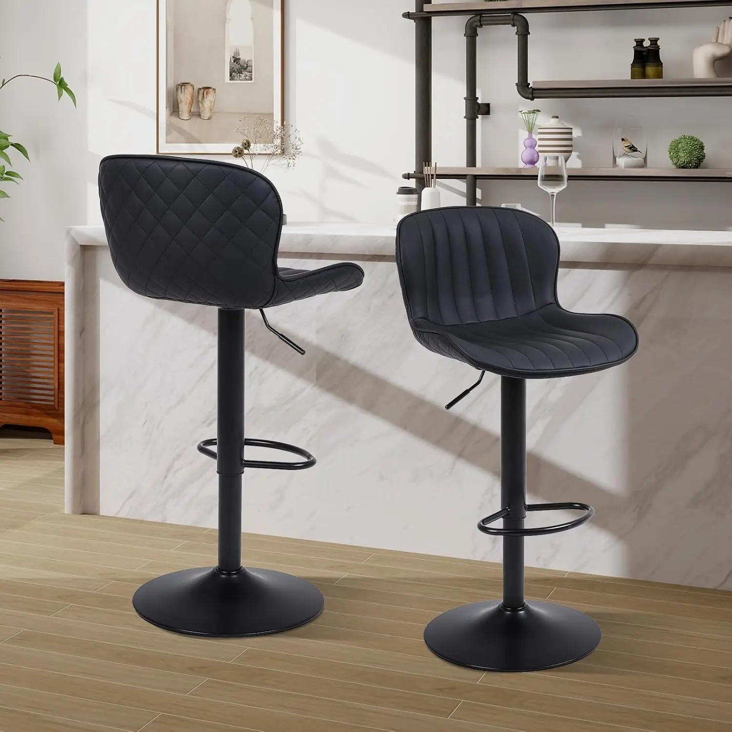 NUSETX Modern Bar Stools- Swivel Counter Height Barstools/Chairs (Height Adjustable) - Modern Faux Leather Barstool with High Backrest, 17.72" Large Base, Suitable for Kitchen Island, Dining Room