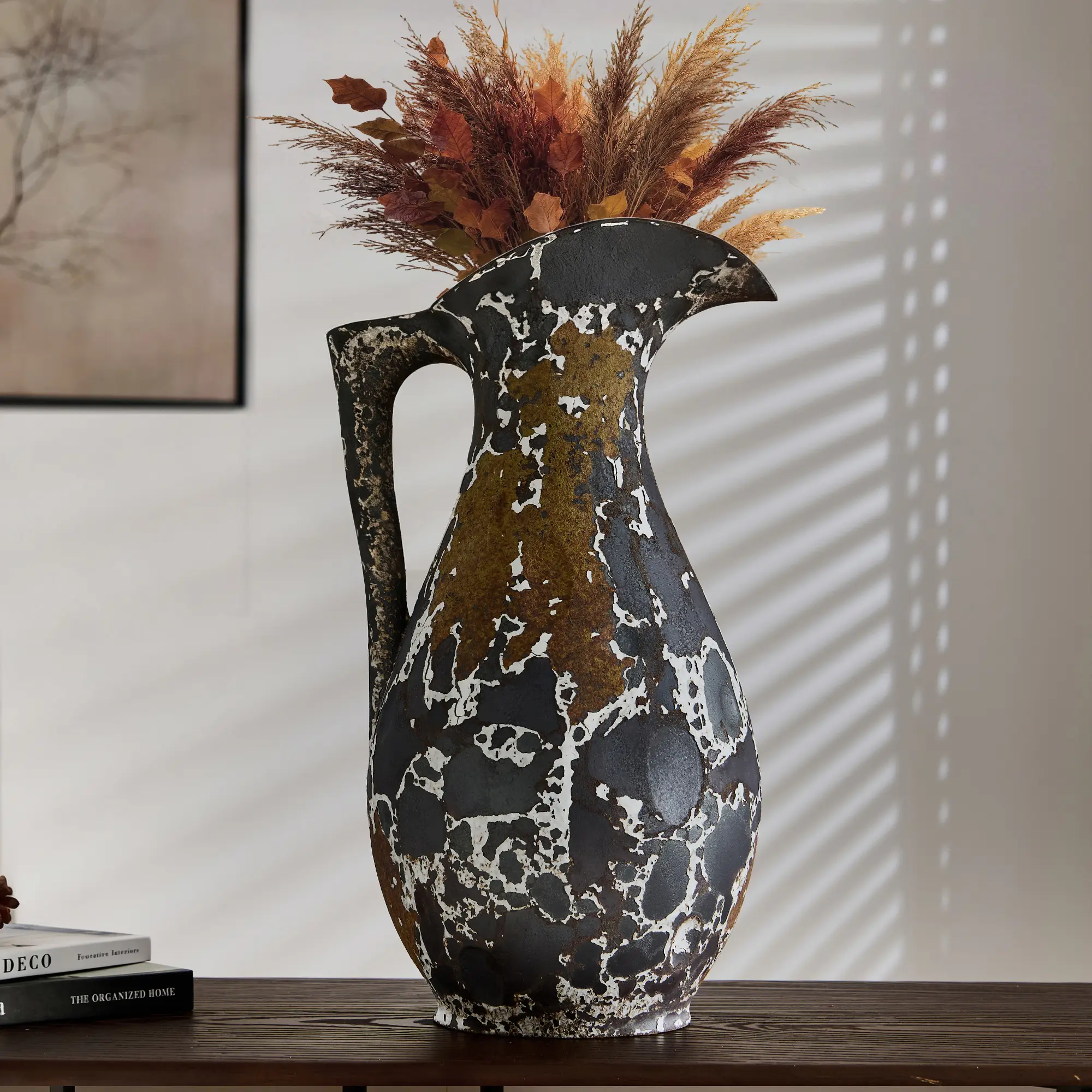 15.75 in Handmade Ceramic Pitcher Vase with Sculptural Handle, Rustic Boho Terracotta Pottery, Textured Kiln Glaze Table Accent for Modern Farmhouse Mediterranean Home Interior Decor