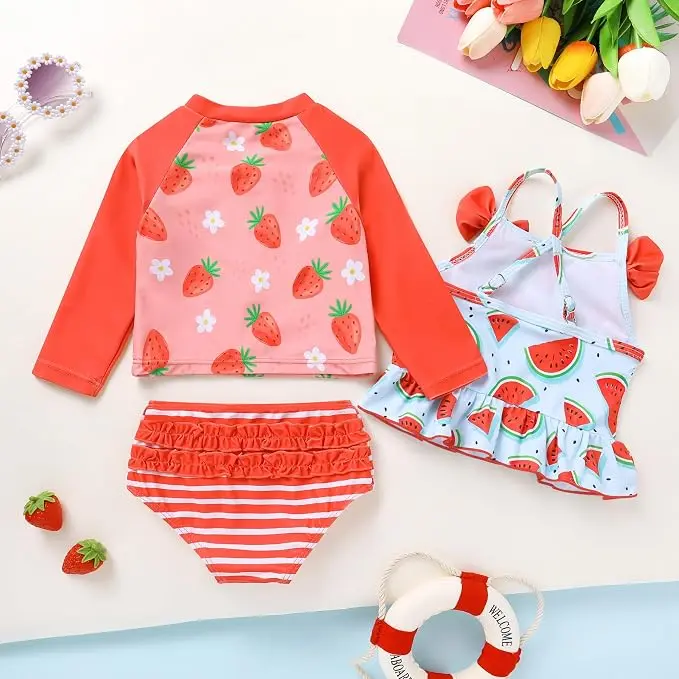 Toddler Baby Girls Swimsuit UPF 50+ Sun Protection Long Sleeve Rash Guard Tankini Sets 3-Piece Bathing Suit 6M-4T