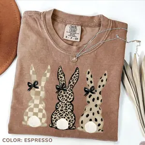 Comfort Colors Neutral Easter Bunny Shirt, Leopard Checkered Coquette Tee, Cute Spring Graphic T-Shirt, Easter Gift Idea