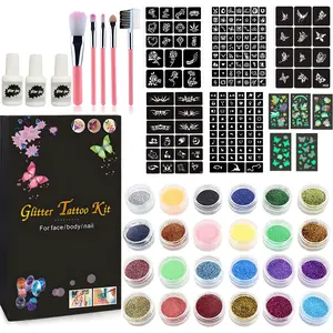 Glitter Art Supplies Kit, 24 Glitter Colors, with Unique Stencils, Glue, Brushes, Stickers, for Temporary Tattoo Glitter Tattoos, Adults, Boys Girls Birthday Party, Christmas Gift