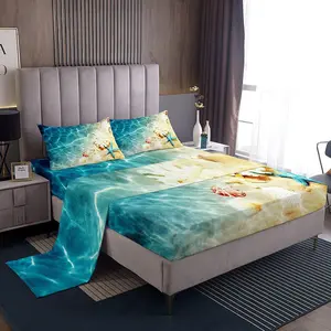 Ocean Bed Sheets Set,Beach Fitted Sheets,Coastal Nature Theme Pattern Teal Flat Sheet,Boys Girls Hawaiian Top Sheet,Sea Wave Animals Sheet Set