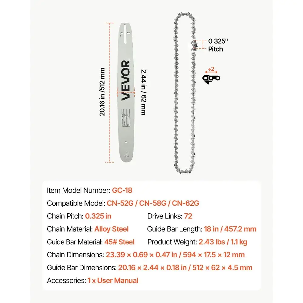 Saw Chain & Guide Bar-18inch-1Pack