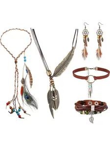 Unique 6 Pcs Colorful Bohemian Jewelry Set Alloy Leather Jewelry for Women Men Dangle Earrings Leather Pendant Brown Feather Necklace Choker Necklace Handmade Woven Beaded Bracelet Bohemian Headwear Tribal Jewelry Gift