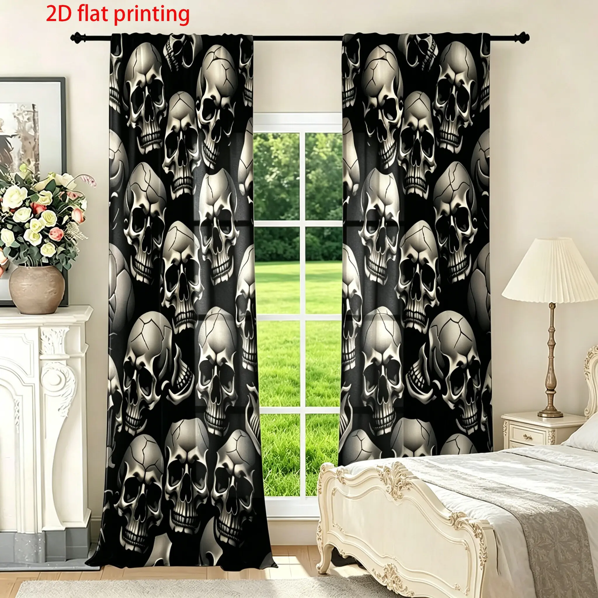 2-piece set of black and white skull print semi blackout polyester fabric curtains Gothic style bedroom living room curtains Halloween personalized decorative curtains