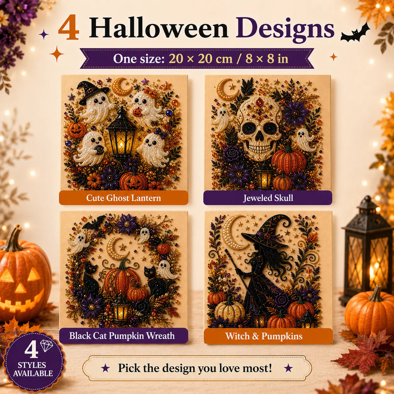 Halloween DIY Diamond Art Kit, 8 x 8 Inch Special-Shaped Bead Painting on Canvas, Cute Ghost Skull Black Cat Witch Designs, Easy Craft Kit for Adults, Halloween Home Décor Gift,back to school,back to school haul