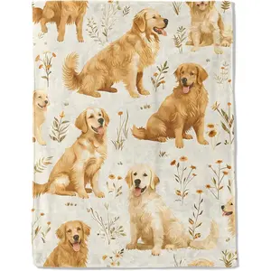 Golden Retriever Flannel Blanket - Lightweight Soft Cozy Gifts Blankets for Dog Lovers, Kids, Women,Cute Floral Art Style Throw,Elegant Home Room Modern Retro Decor 50x60in, Printed on One Side with a Plain White Back, Halloween Thanksgiving Christmas Gif
