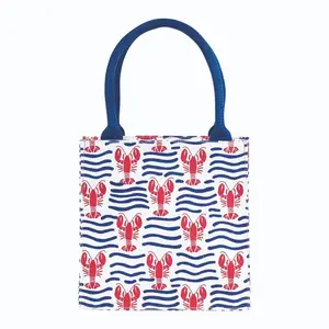 Lobster Waves Reusable Mini Carryall Lunch Bag, Eco-Friendly Itsy Bitsy Gift Bag, 8 in x 8 in x 5 in, with Cotton Web Handle