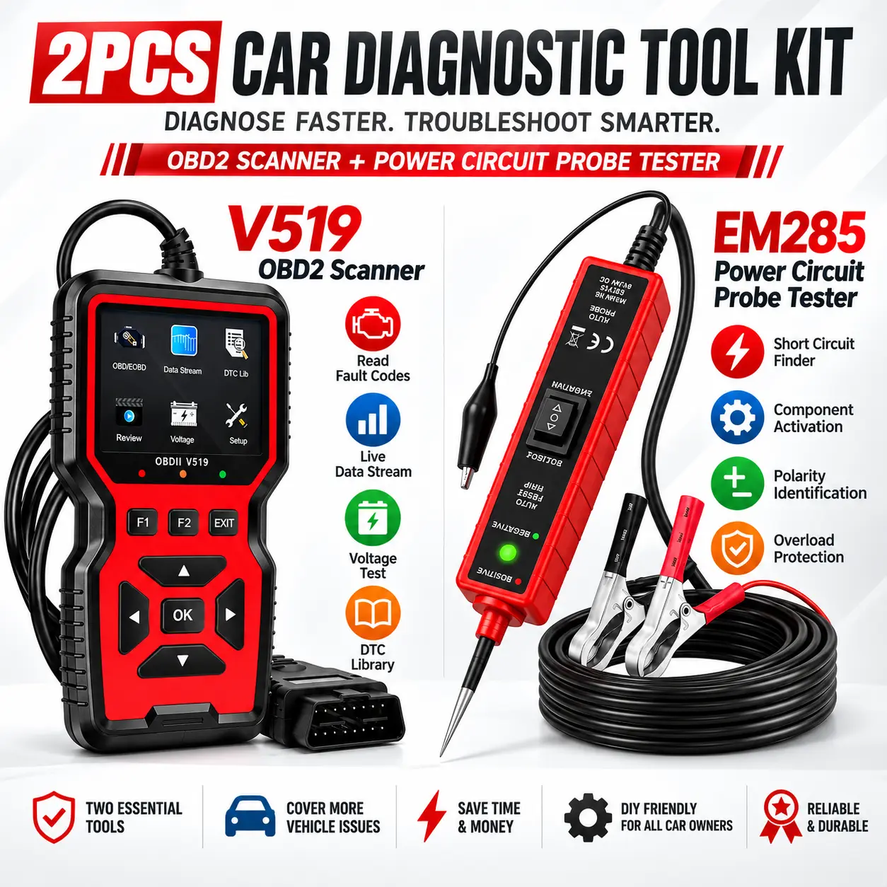 2PCS Car Diagnostic Tool Kit, V519 OBD2 Scanner and EM285 Power Circuit Probe Tester, automotive code reader with live data, DTC library, voltage test, polarity identification, and short circuit testing