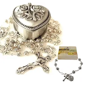 Handmade Catholic Rosary Necklace and Bracelet with Silver-Tone Rose-Shaped Beads 6mm Detailed Crucifix & Virgin Mary Centerpiece in Durable Alloy with Heart-Shaped Case