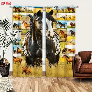 2D Flat  Curtain 2-Piece Set, Pastoral Horse Pattern Design, Black White Spotted Horse & Colorful Horse Collage, Golden Yellow Grassy Field Background, for Living Room Bedroom Kids Room, Soft Light Filtering Decorative Curtains